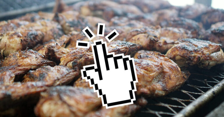 Hand cursor clicking on a picture of Chiavetta's chicken cooking on a grill